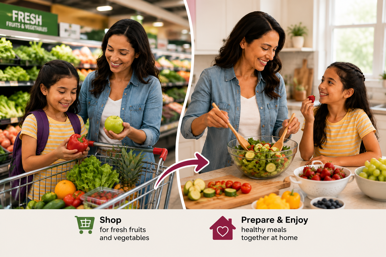 A mother and child choosing strawberries and green apples at a grocery store and later preparing and enjoying the same fruit together at home.